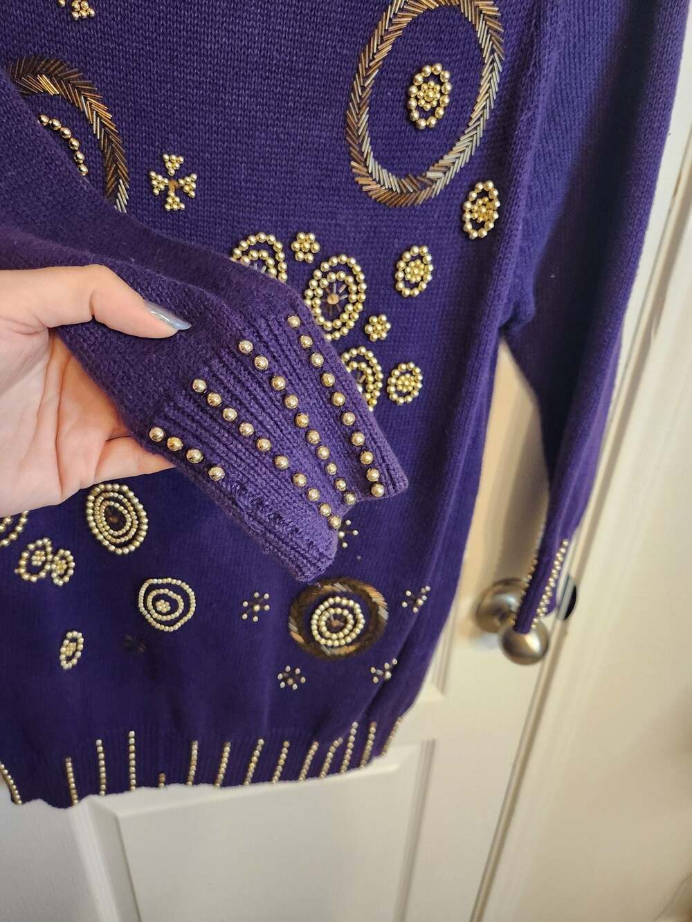 90s Y2K Vintage Purple Beaded Cowl Neck Tunic Sweater - Picture 7 of 14
